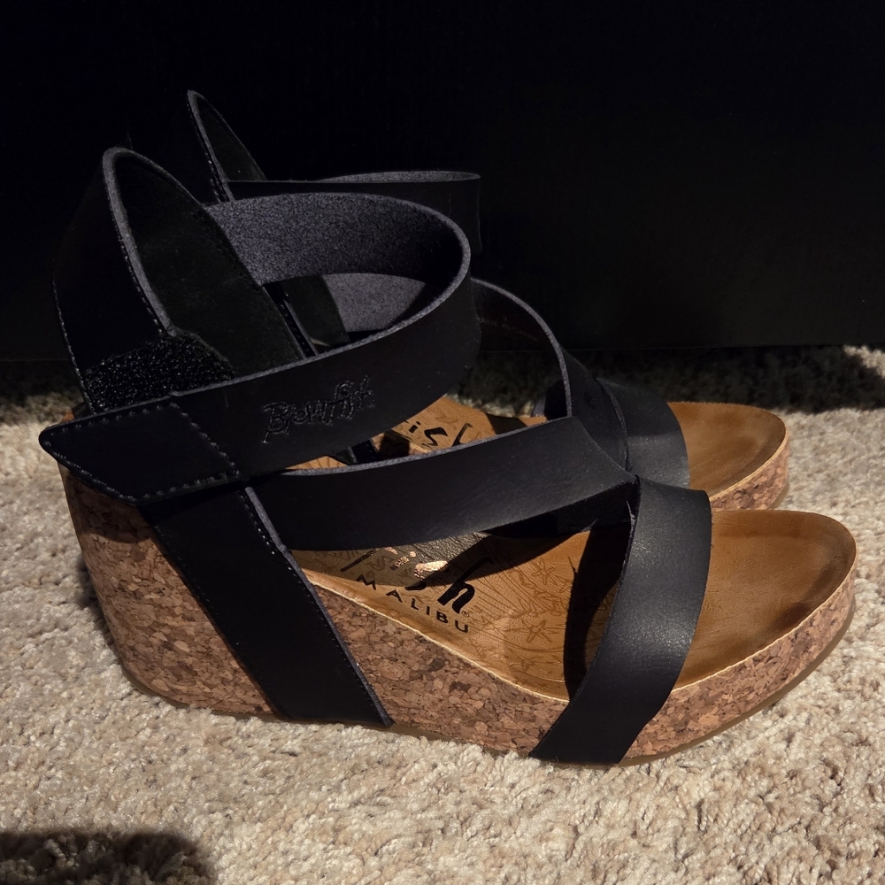 Blowfish Black and Tan Wedge Sandals